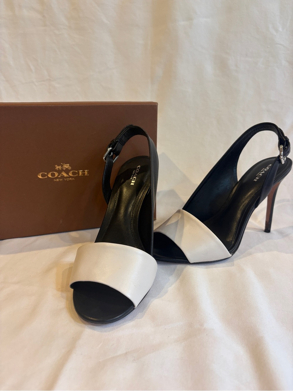 COACH White and Black Slingback Leather Stiletto Heels
